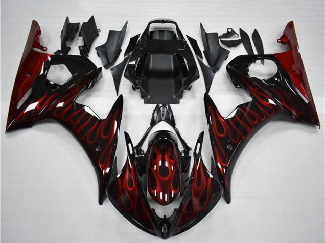 Glänzendes Schwarz Rot Flamme 2003-2004 Yamaha YZF R6 Motorrad Verkleidung