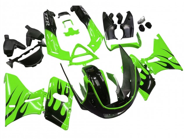 Kawasaki ZZR600 Motorrad Verkleidung 1998-2003 - Grun Glanzendes Schwarz Flamme