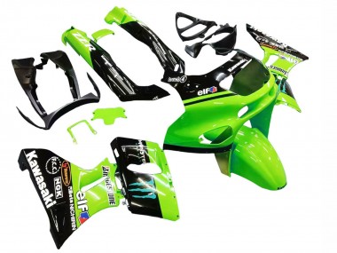 Kawasaki ZZR600 Motorrad Verkleidung 1998-2003 - Grun Glanzendes Schwarz Blau Monster Elf Touch4 Bridgestone