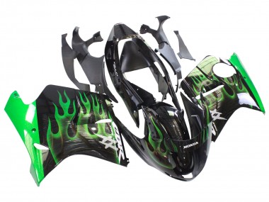 Honda CBR1100XX Blackbird Motorrad Verkleidung 1996-2007 - Glanzendes Schwarz Grun Flamme