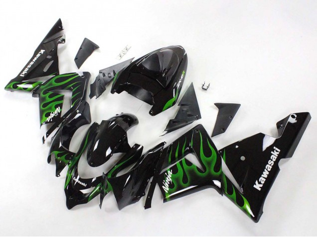 Kawasaki ZX10R Motorrad Verkleidung 2004-2005 - Schwarz mit Gruner Flamme Ninja