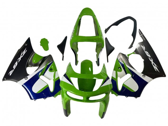 Kawasaki ZX6R Motorrad Verkleidung 1998-1999 - Grun Weiss Blau Silber Glanzendes Schwarz