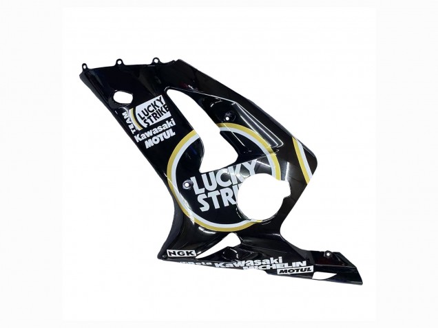 Kawasaki ZX6R Motorrad Verkleidung 2003-2004 - Glanzendes Schwarz Weiss Motul Lucky Strike