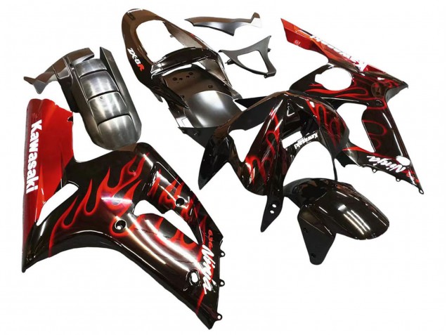 Kawasaki ZX6R Motorrad Verkleidung 2003-2004 - Glanzendes Schwarz Rot Flamme