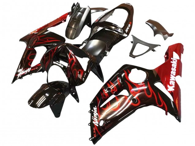 Kawasaki ZX6R Motorrad Verkleidung 2003-2004 - Glanzendes Schwarz Rot Flamme