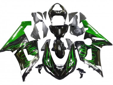 Kawasaki ZX6R Motorrad Verkleidung 2005-2006 - Glanzendes Schwarz Grun Flamme
