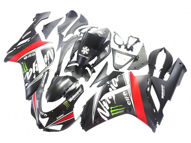 Kawasaki ZX6R Motorrad Verkleidung 2007-2008 - Schwarz Weiss Rot mit weissem Schnee Aufkleber Ninja Elf