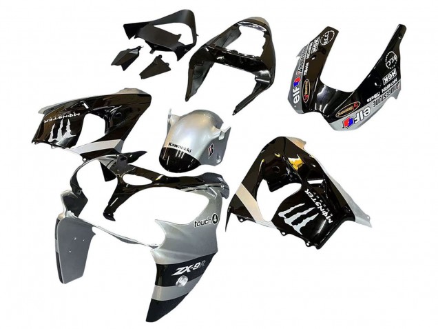 Kawasaki ZX9R Motorrad Verkleidung 2002-2003 - Silber Glanzendes Schwarz Monster Elf