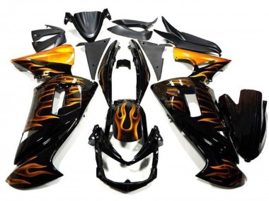 Kawasaki Ninja 650 EX650 Motorrad Verkleidung 2006-2008 - Glanzendes Schwarz Gold Flamme
