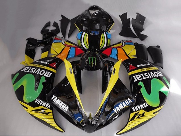 Glänzendes Schwarz Gelb Grün Weiß Blau MoviStar Monster 2012-2014 Yamaha YZF R1 Motorrad Verkleidung