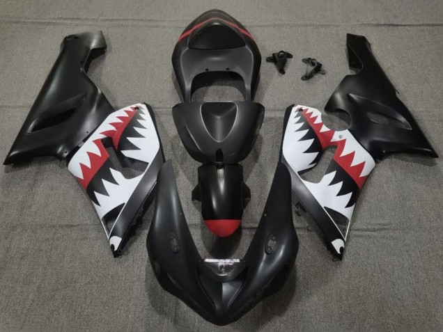 Kawasaki ZX6R Motorrad Verkleidung 2005-2006 - Matt Schwarz Weiss Rot Hai