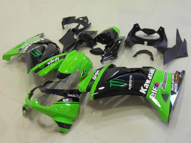 Grün Glänzendes Schwarz Elf Monster Bridgestone 2008-2012 Kawasaki ZX250R Motorrad Verkleidung