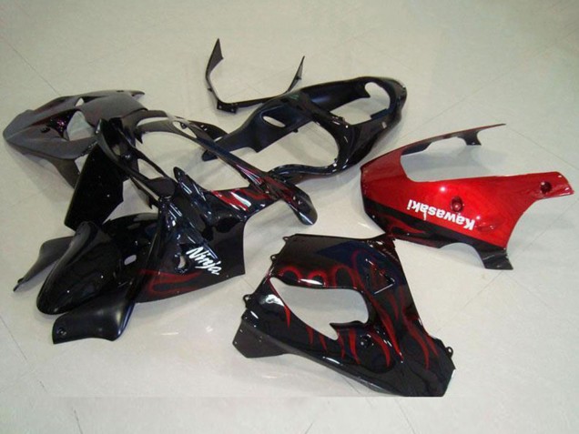 Glänzendes Schwarz Rot Flamme 2000-2001 Kawasaki ZX9R Motorrad Verkleidung