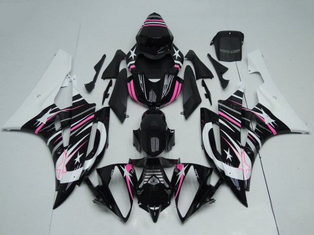 Weiß Glänzendes Schwarz Rosa Stern Flamme 2006-2007 Yamaha YZF R6 Motorrad Verkleidung
