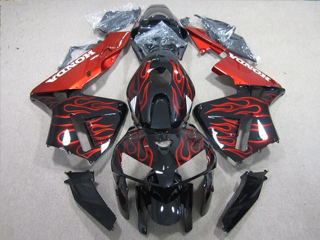 Glänzendes Schwarz Rot Flamme 2005-2006 Honda CBR600RR Motorrad Verkleidung