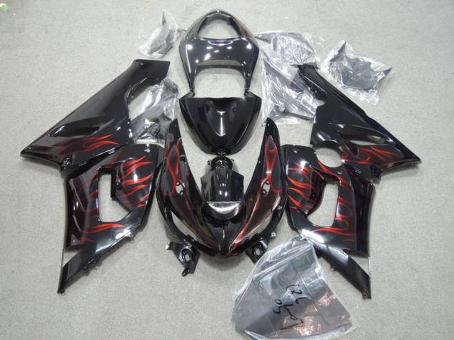 Glänzendes Schwarz Rot Flamme 2005-2006 Kawasaki ZX6R Motorrad Verkleidung