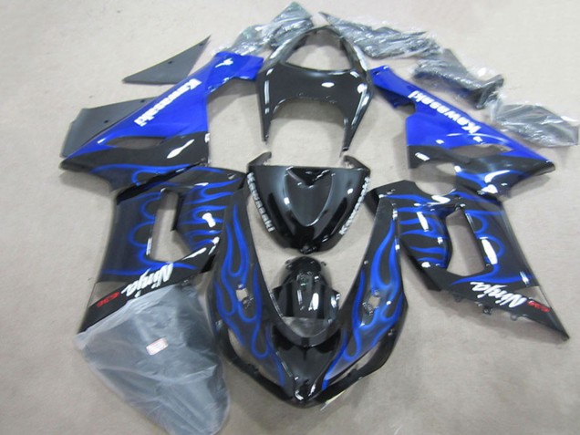 Glänzendes Schwarz Blau Flamme 2005-2006 Kawasaki ZX6R Motorrad Verkleidung