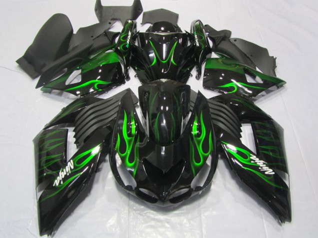 Glänzendes Schwarz Grün Flamme 2006-2011 Kawasaki ZX14R ZZR1400 Motorrad Verkleidung